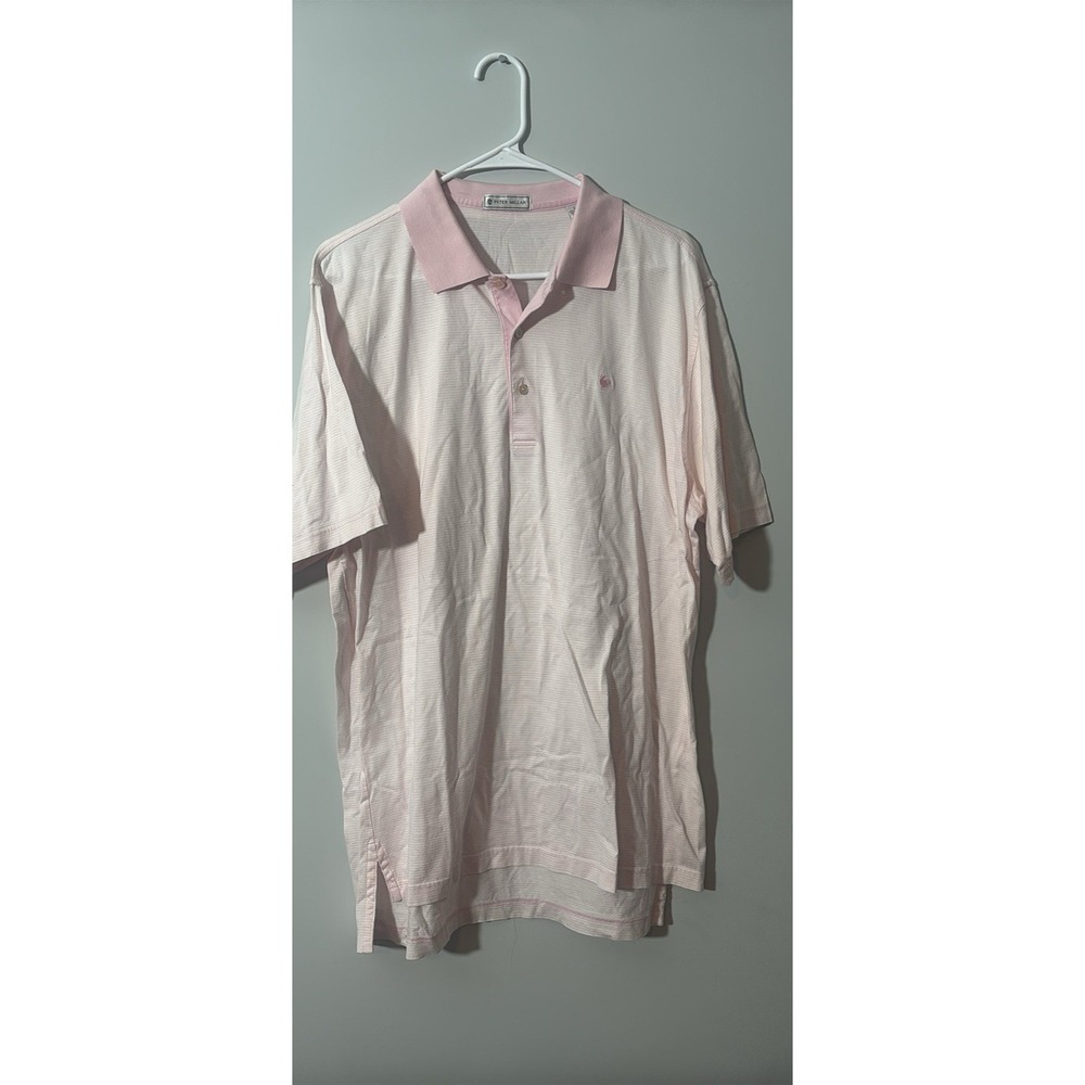 PETER‎ MILLAR POLO SHIRT MEN Large SUMMER COMFORT PINK WHITE STRIPES Rooste LOGO